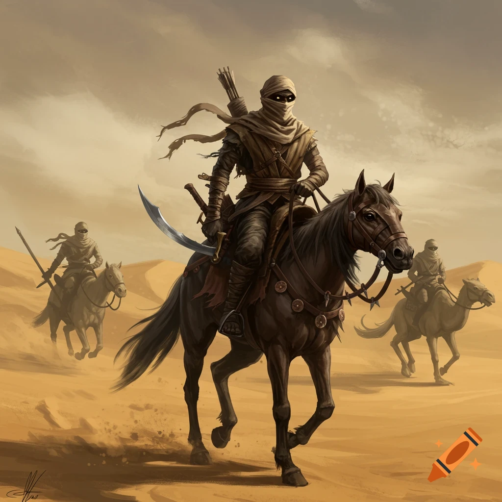 Illustration of masked desert riders on horses and a camel in a sandy landscape.