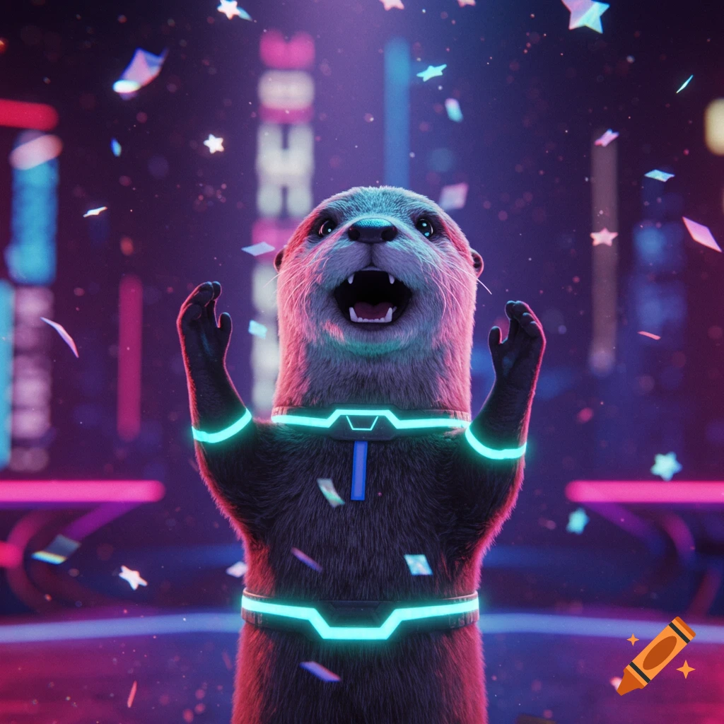 A futuristic otter cheers with confetti in a neon city