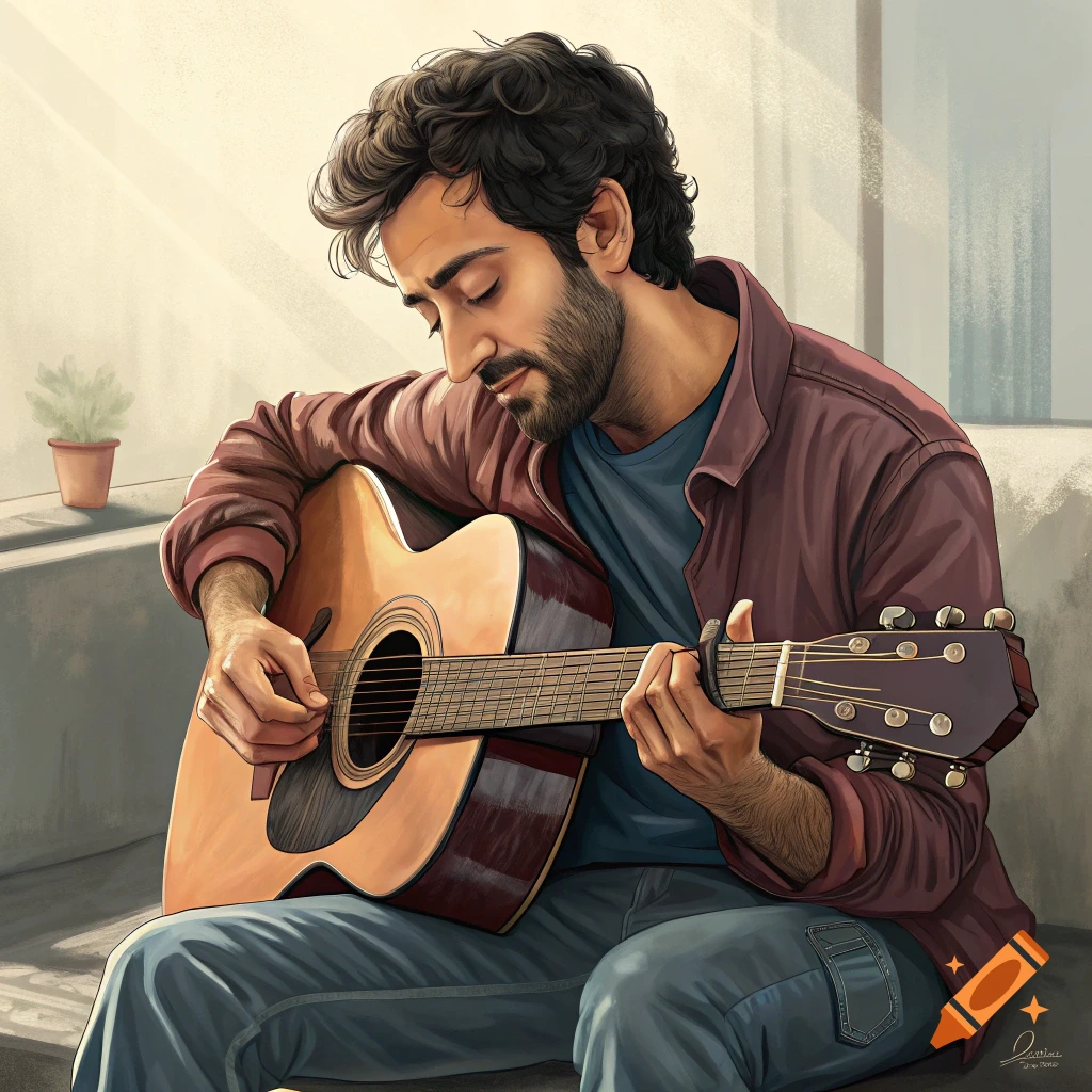 Stylized illustration of a man playing an acoustic guitar while sitting