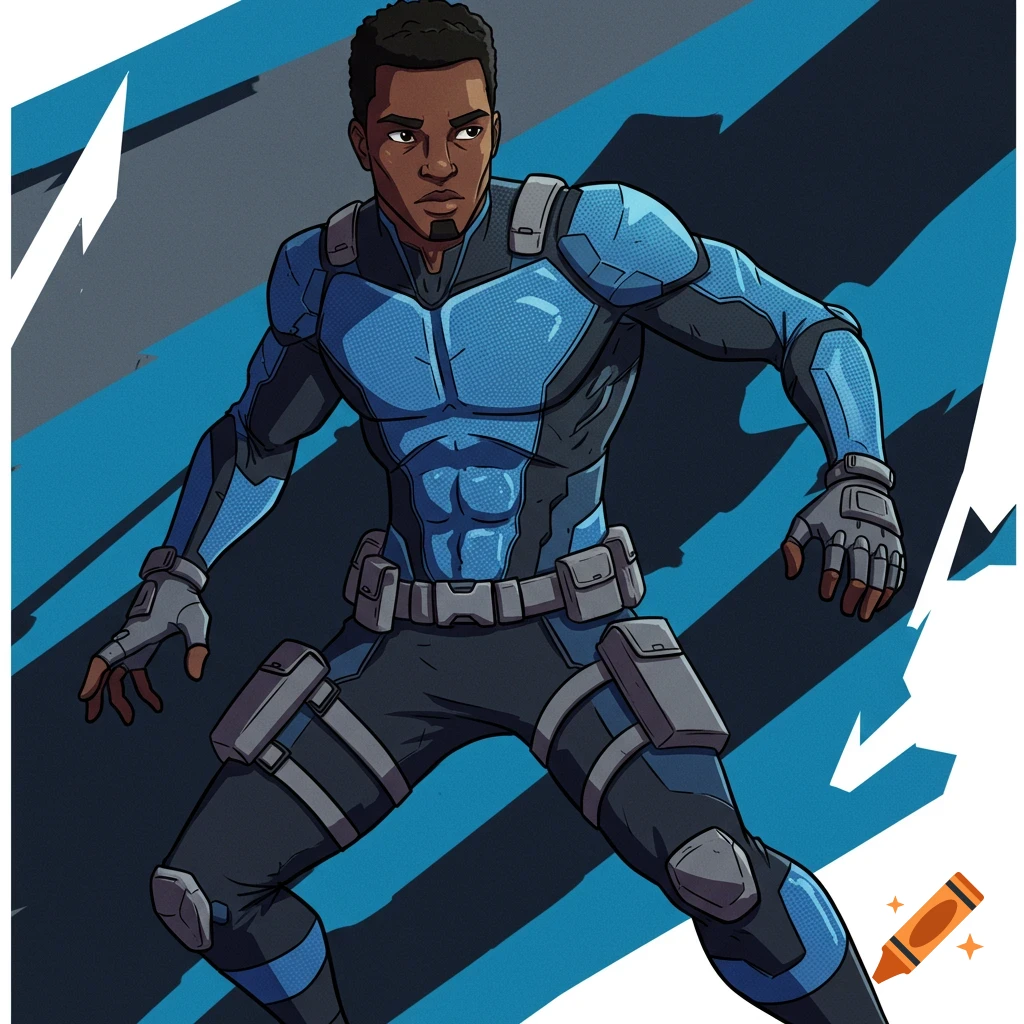 Animated black man in blue and black bodysuit with gray belt and gloves, dynamic pose, stylized background.