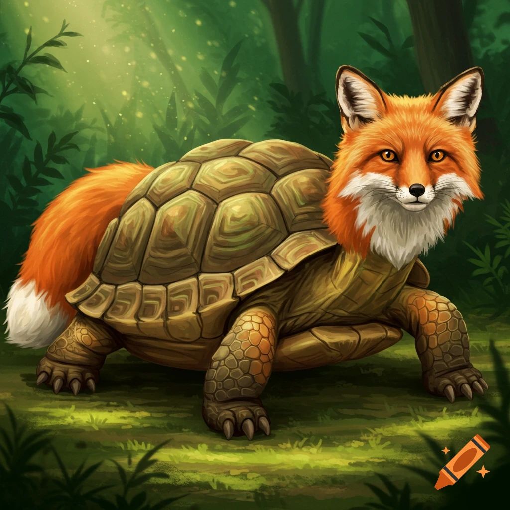 A fantastical creature with a turtle's body and a fox's head and tail stands in a forest.