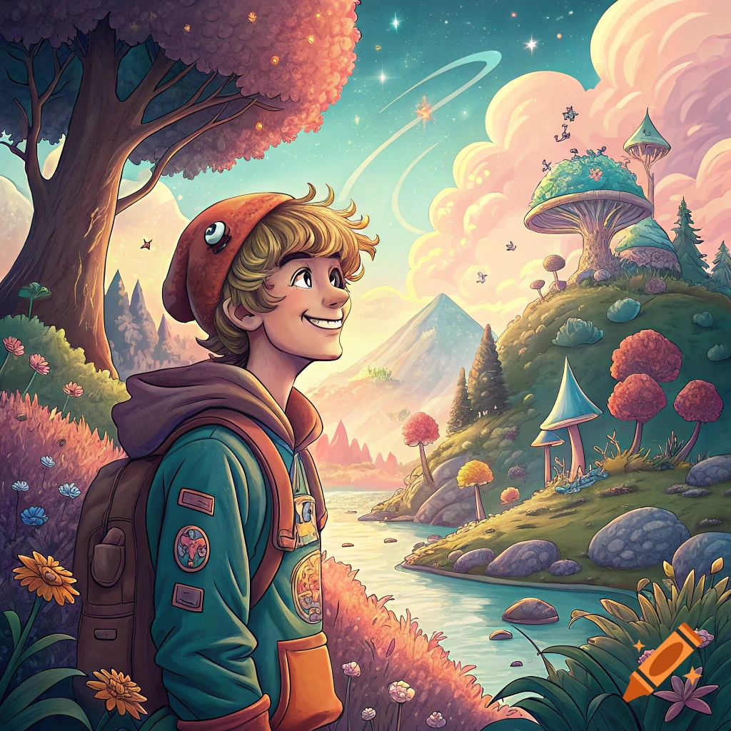 Illustration of a young man with a backpack smiling in a colorful fantasy landscape with giant mushrooms, river, and mountains.