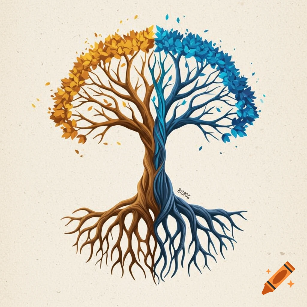 Stylized tree split between orange and blue leaves and roots.
