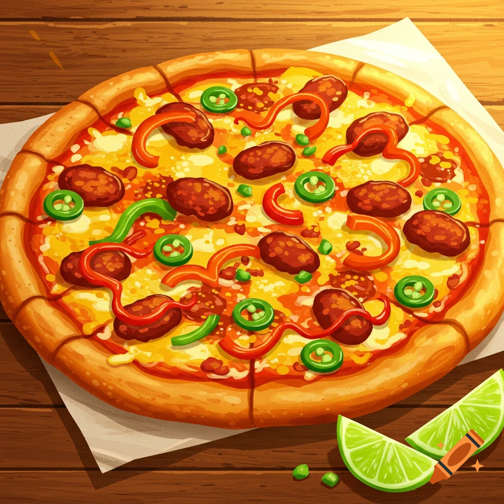 Illustrative view of a pizza with toppings and lime slices on a wooden table.