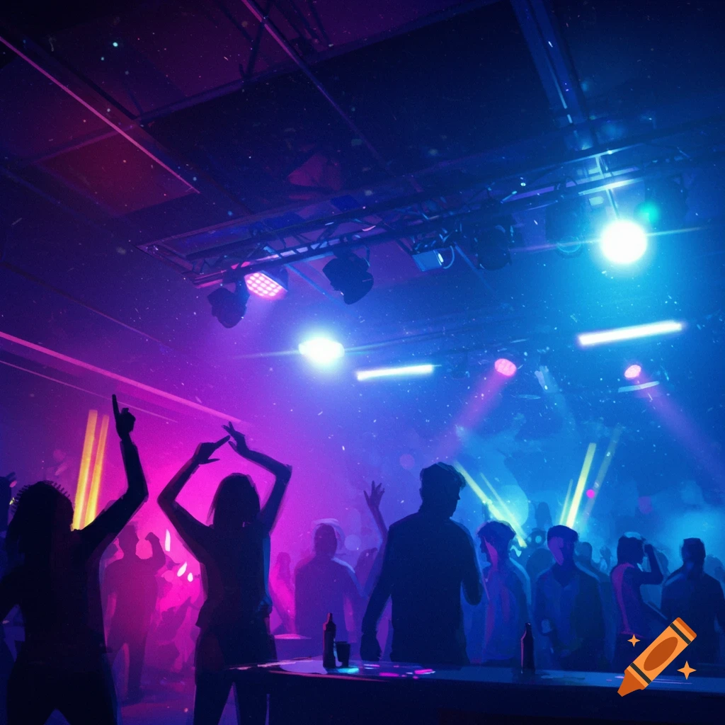 Silhouettes of people dancing under blue and pink flashing lights at a party.