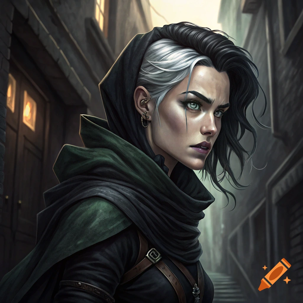 Portrait of a woman with split black and white hair and a dark hooded cloak in a city alley.
