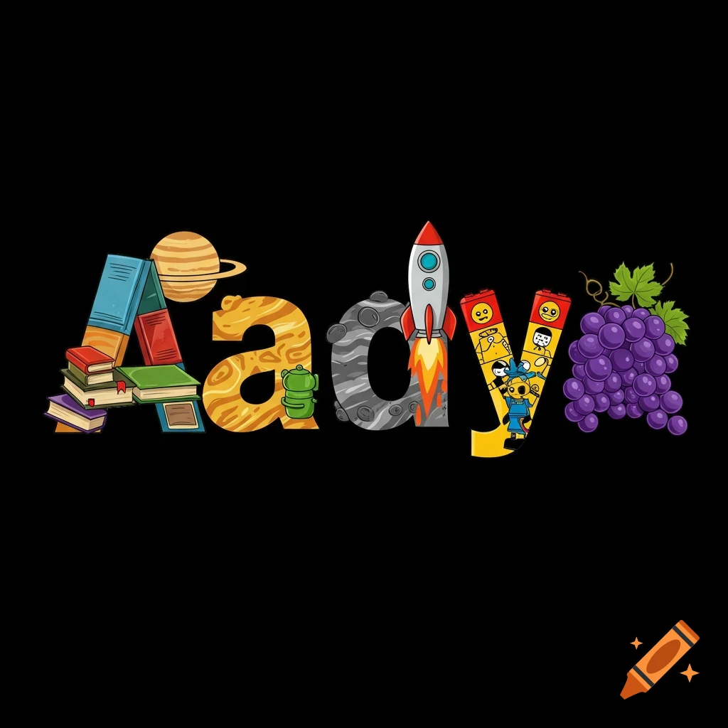 The name Aadya spelled out with objects: books, a planet, a rocket, LEGO, and grapes.