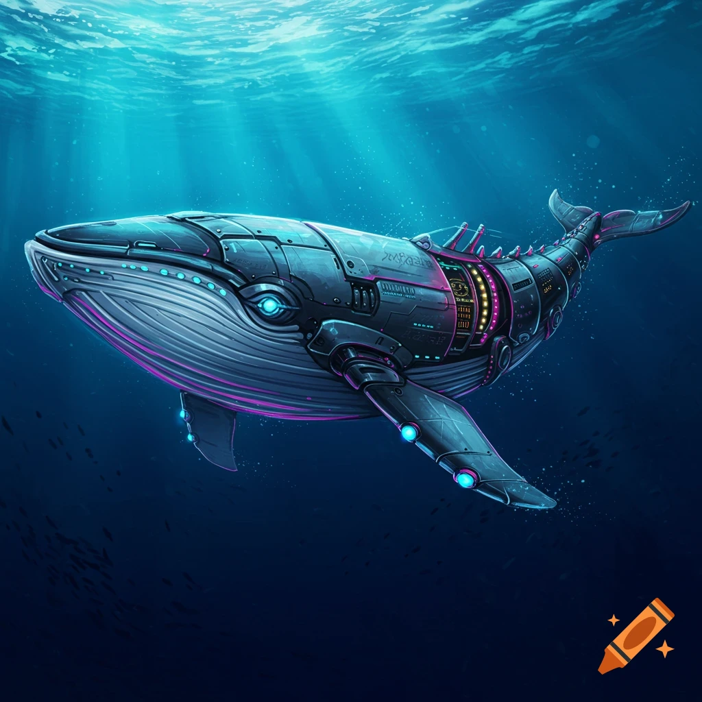 A robotic whale with glowing lights swims in the ocean.