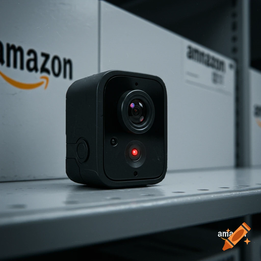 A black mini camera with a red light sits on a metal shelf, with blurred boxes labeled 'amazon' in the background. Photorealistic style.