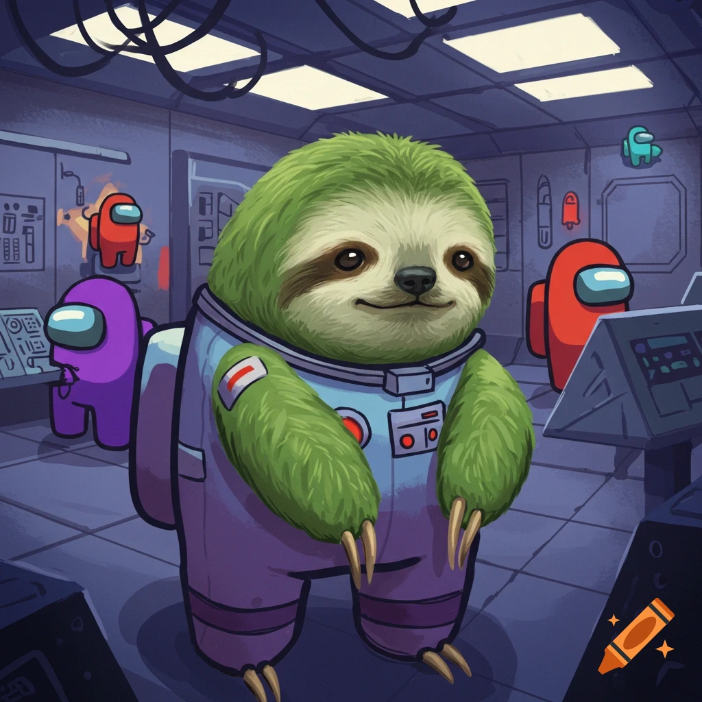 A cute sloth wearing an Among Us suit stands in a spaceship control room with other crewmates.