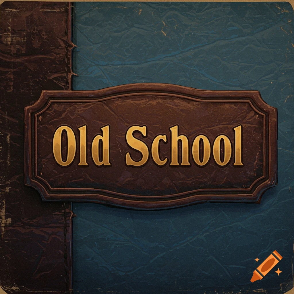 An embossed label with the text "Old School" on a textured background.