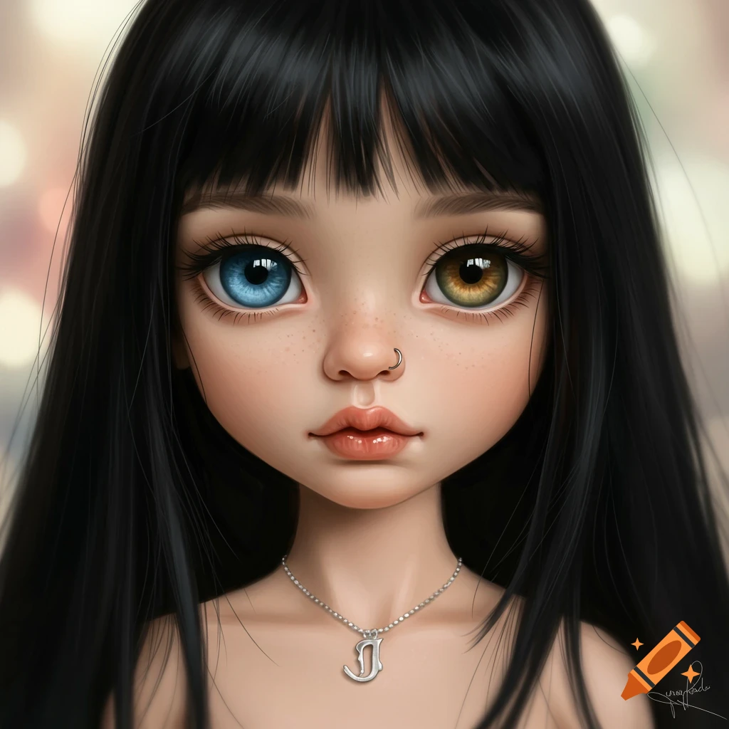 Close-up digital art portrait of a doll figure with blue and hazel eyes, black hair, nose piercing, and 'J' necklace.
