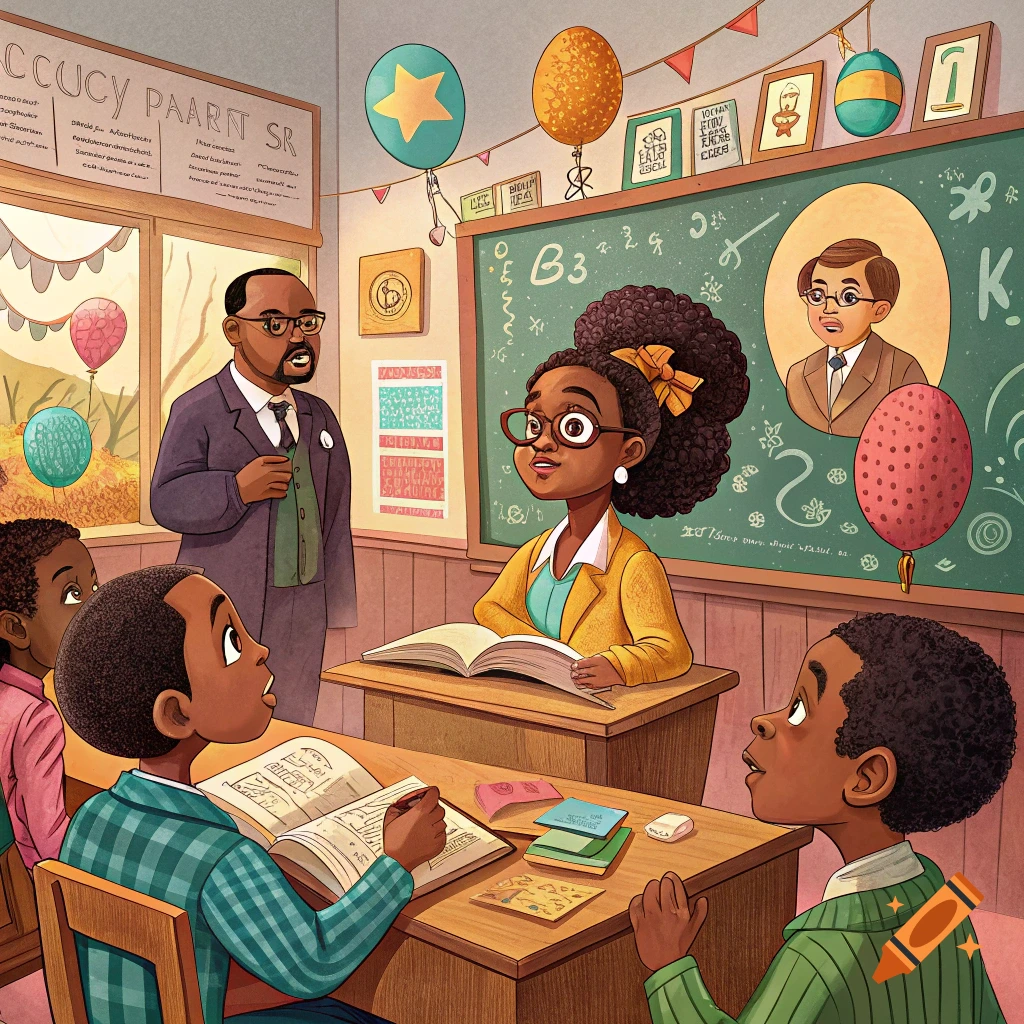 Cartoon illustration of a classroom scene with a teacher standing and three students sitting at desks. There are portraits on the blackboard and wall.