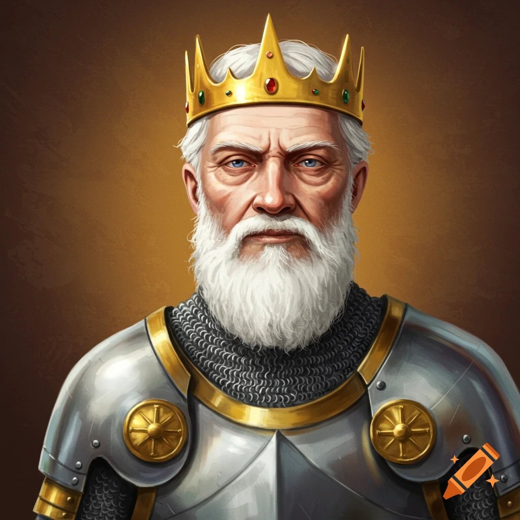 Portrait of an old man with a white beard and gold crown wearing chainmail armor.