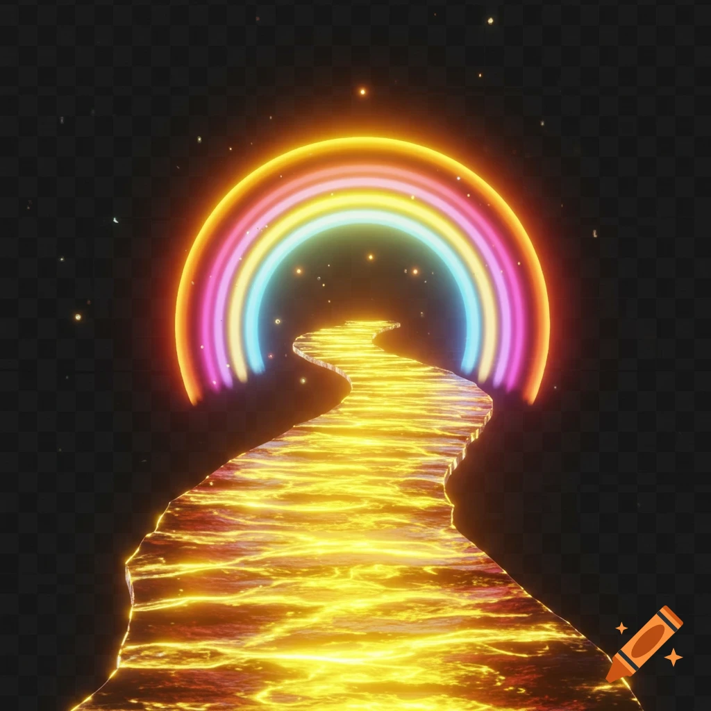 Glowing golden path leading toward a colorful rainbow against a dark background, digital art.