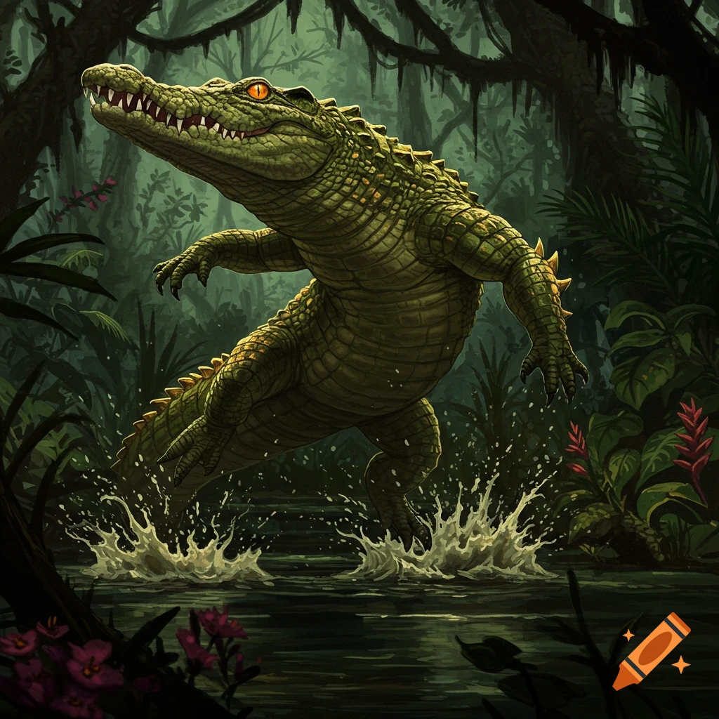 An illustrated crocodile leaps from the water in a jungle.