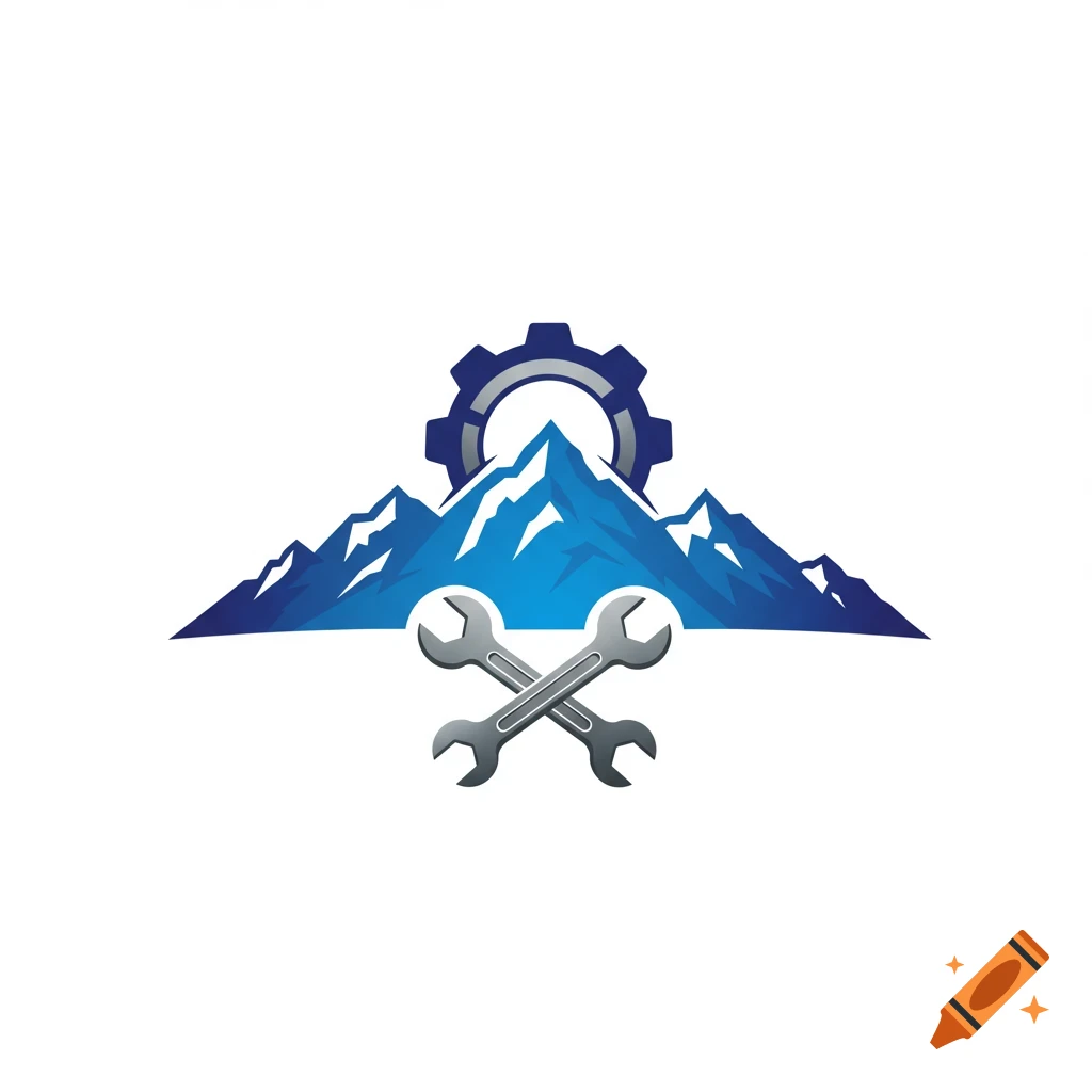 A logo with blue mountains, a gear, and crossed wrenches.