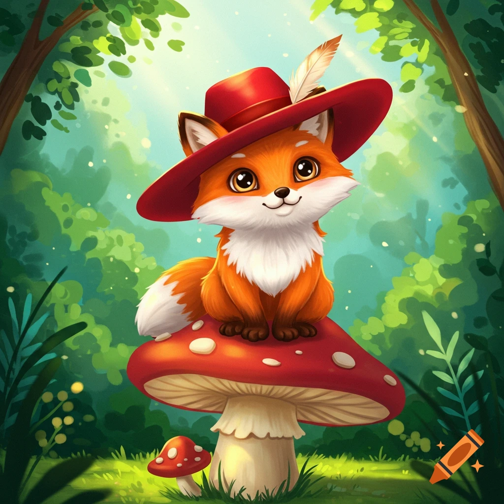 Cute cartoon fox with red hat sitting on a large mushroom in a forest.