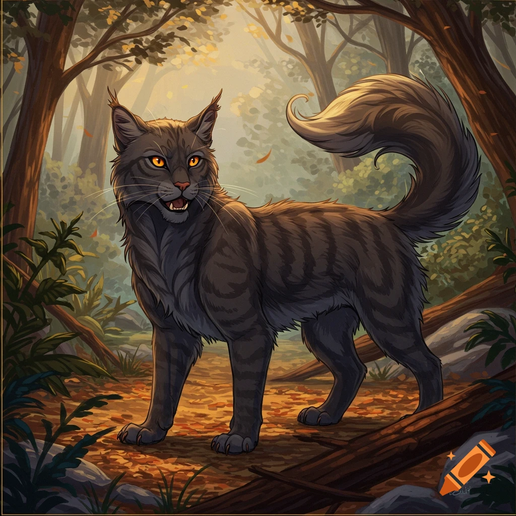 Grey tabby cat with orange eyes standing in a sunlit forest clearing. Illustrated style.