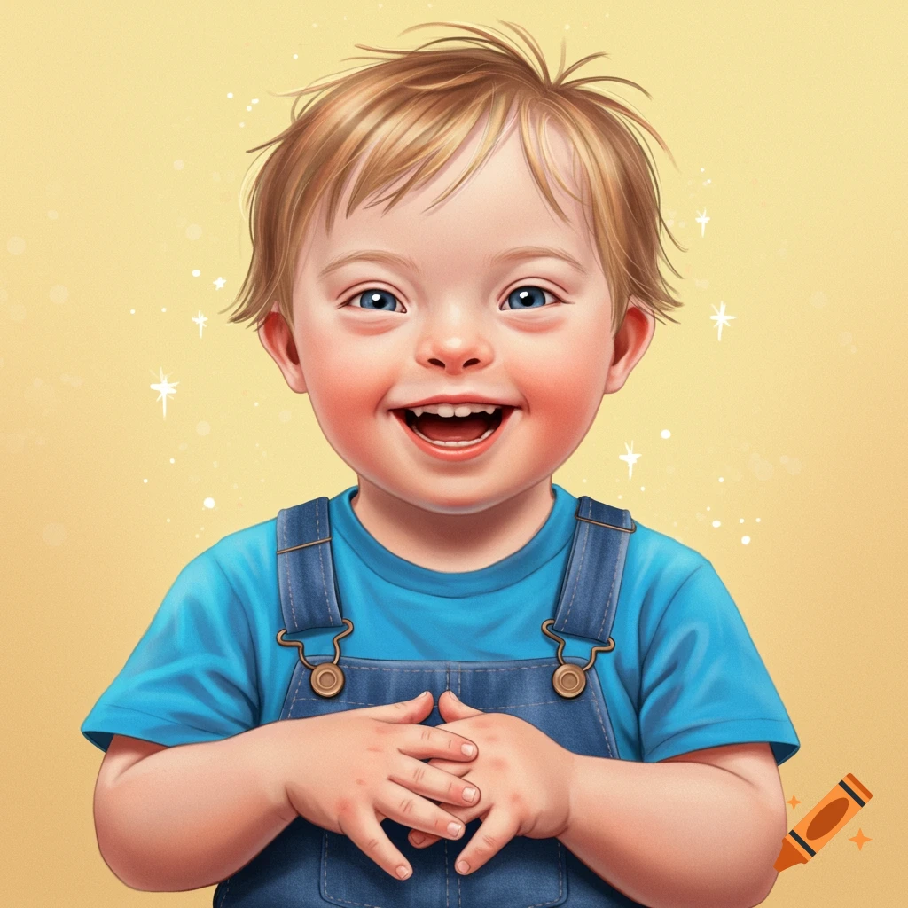 Digital illustration of a smiling child with Down syndrome wearing overalls and a blue shirt.