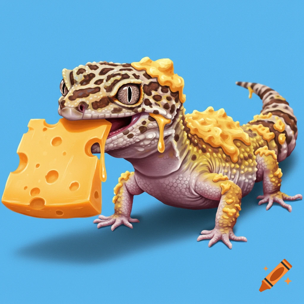 A stylized illustration of a leopard gecko biting into a block of cheese, with melted cheese dripping on its head and back.