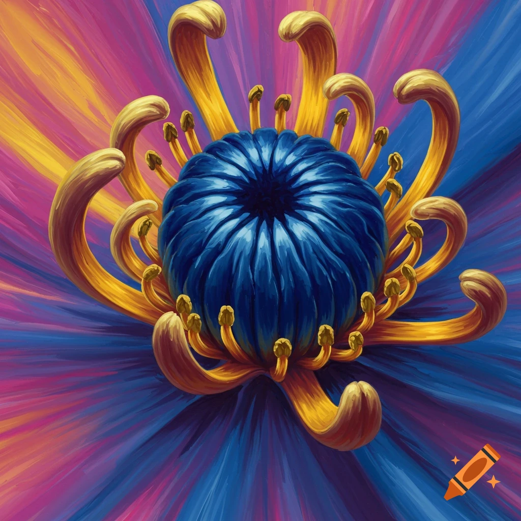 Close-up painting of a blue flower center with curved golden petals and an abstract colorful background.