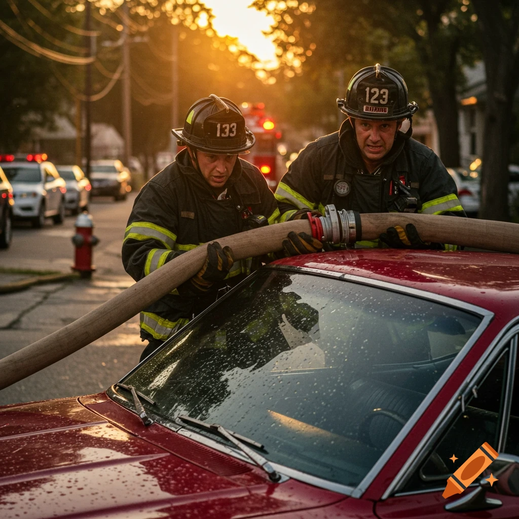 Two firefighters pull a firehose over a red car at sunset on a street.
