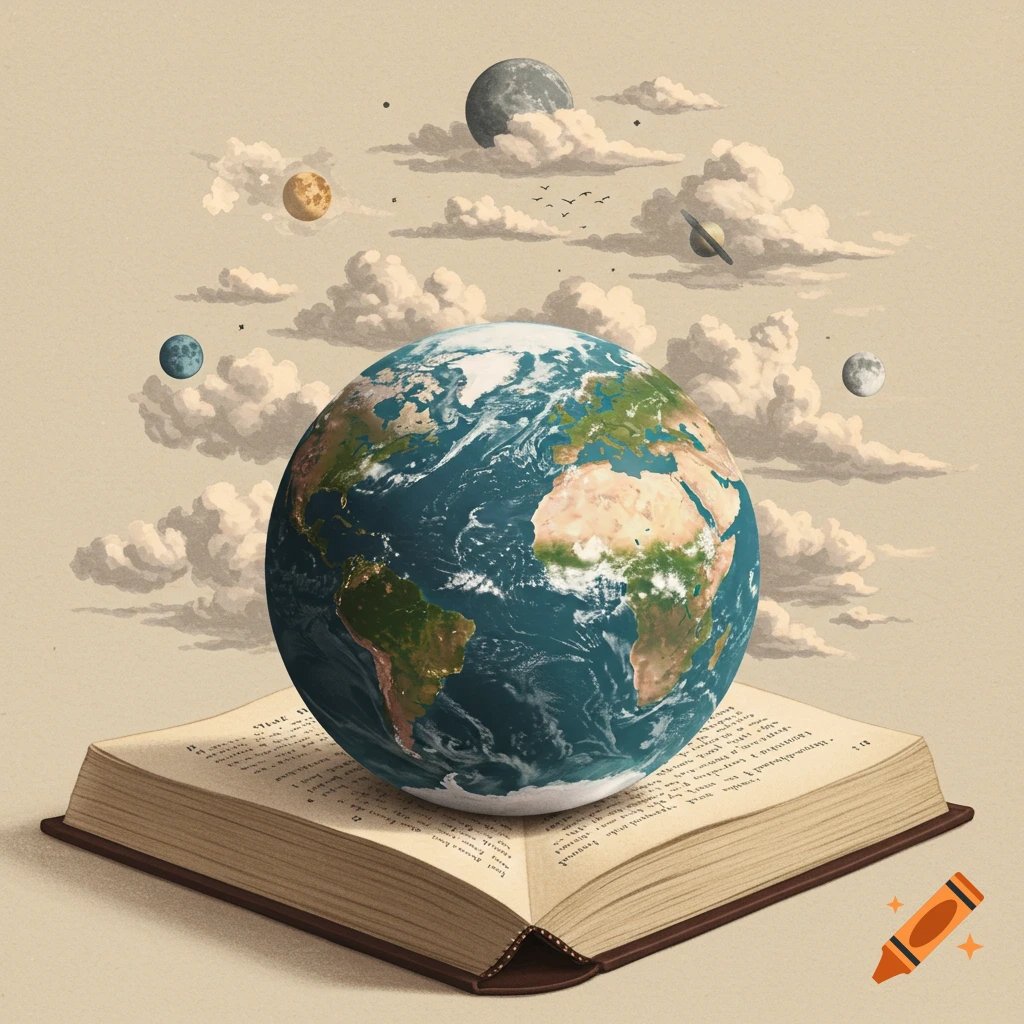 A realistic globe rests on an open book under clouds and planets. Surreal illustration.