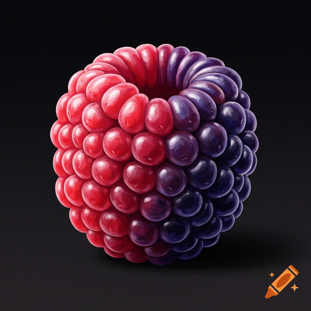 A close-up illustration of a berry split red and purple on a black background.
