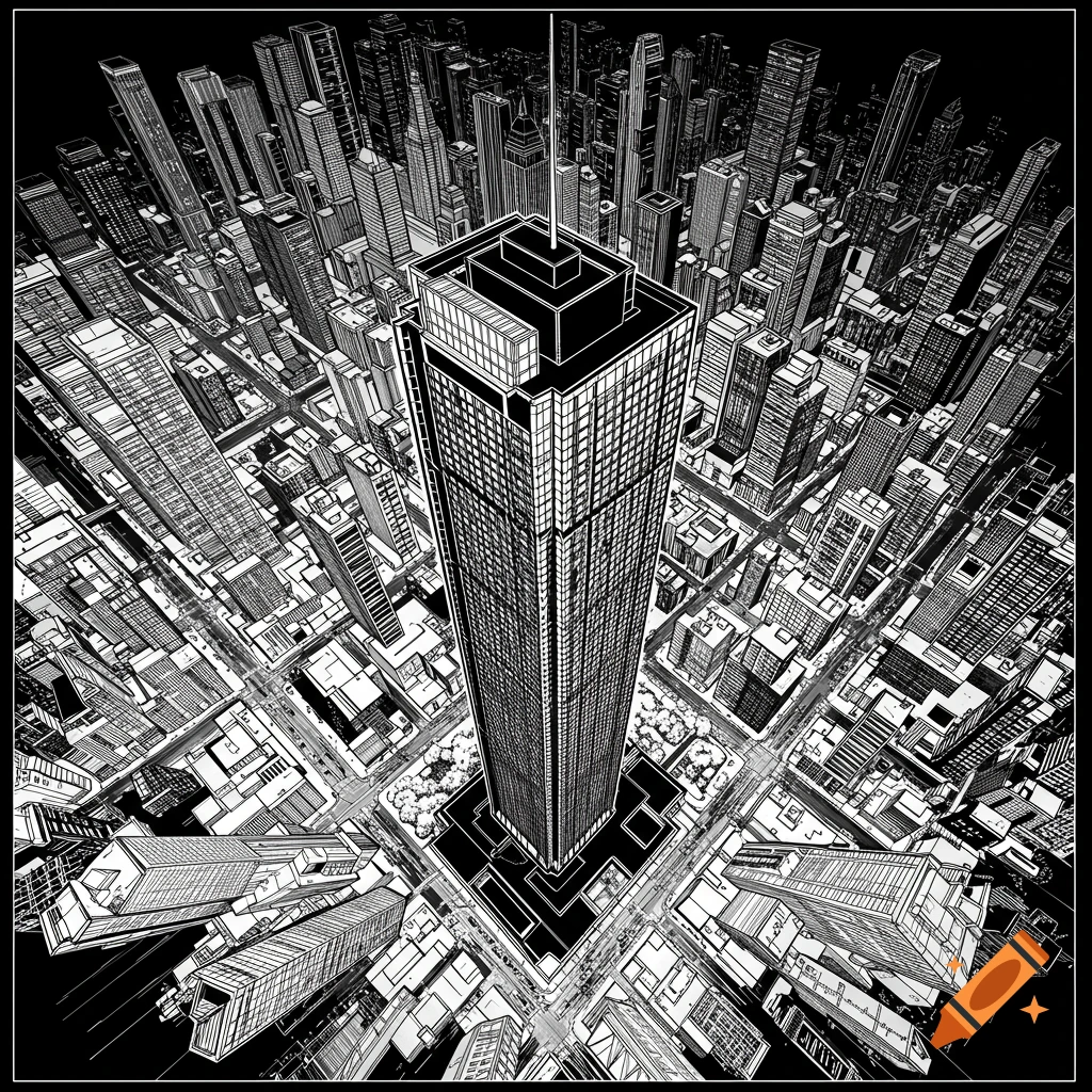 Aerial view of a tall skyscraper surrounded by an urban landscape, in black and white comic book line art style.