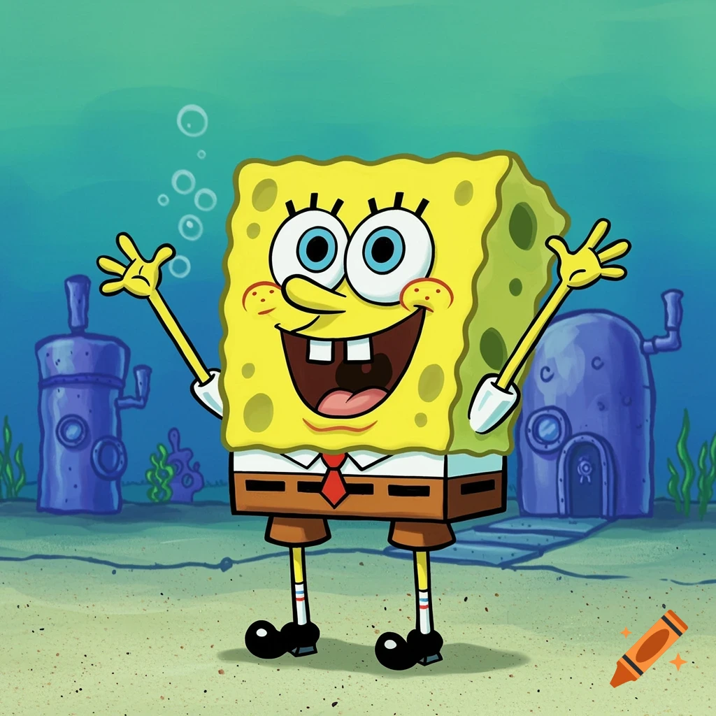 Spongebob Squarepants stands underwater with arms raised, smiling.