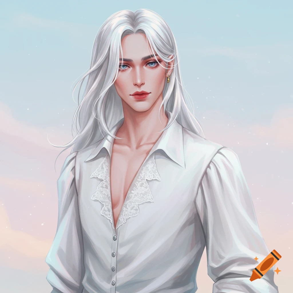 A masculine person with long silver hair wears a white blouse against a pastel sky.