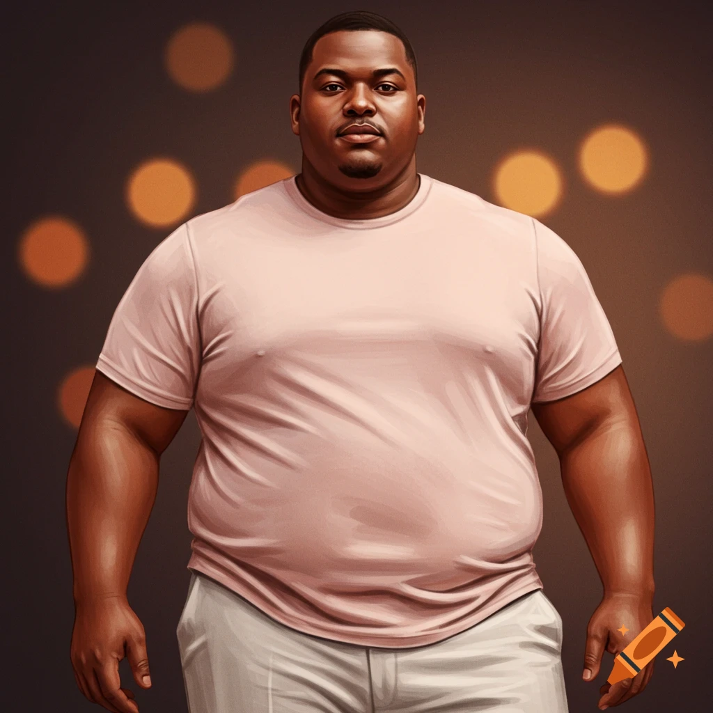 A stout man in a pink t-shirt and white pants stands in front of blurred lights.