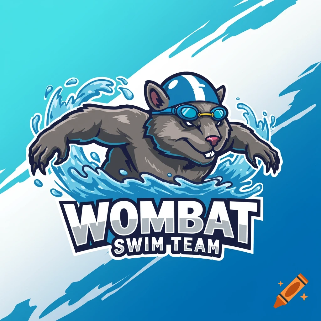 Cartoon logo featuring a swimming wombat wearing goggles and a cap, with the text 'WOMBAT SWIM TEAM'.