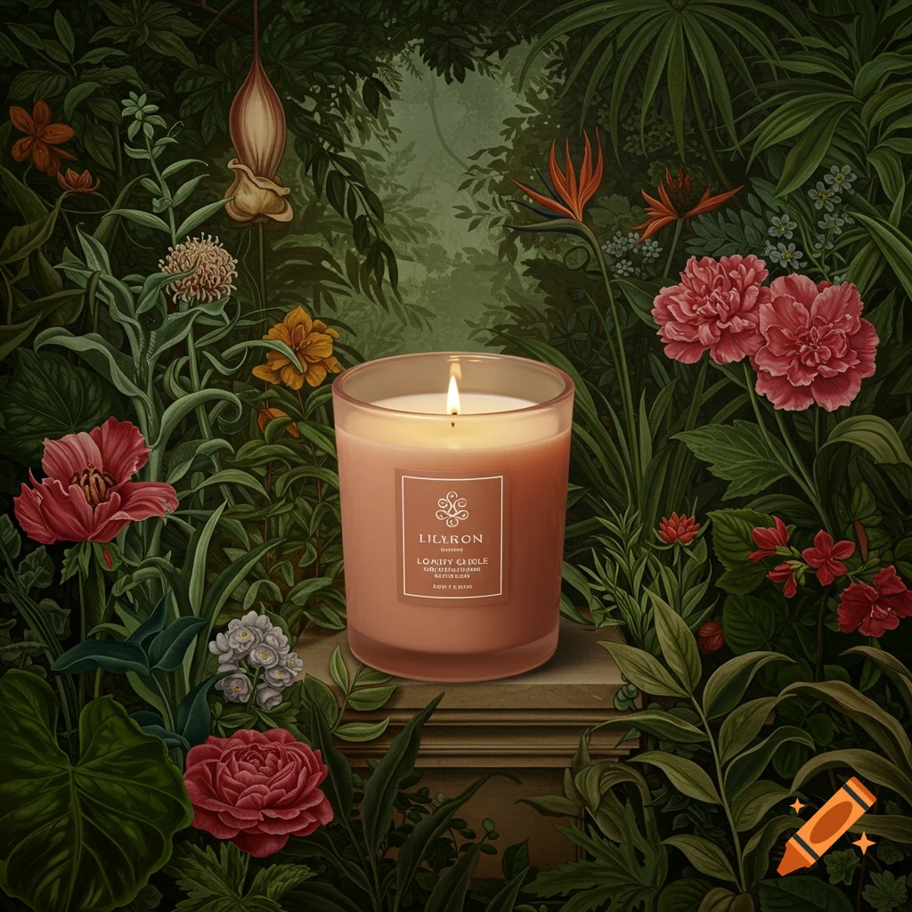 A luxury candle in a glass jar sits on a pedestal surrounded by lush plants and flowers in a painted garden.