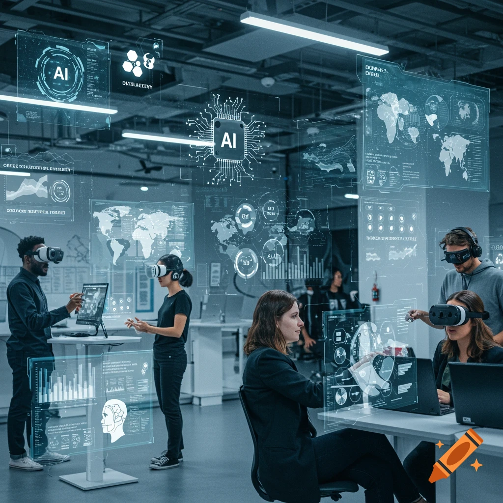 People in a modern office using VR headsets and interacting with holographic data displays on screens.