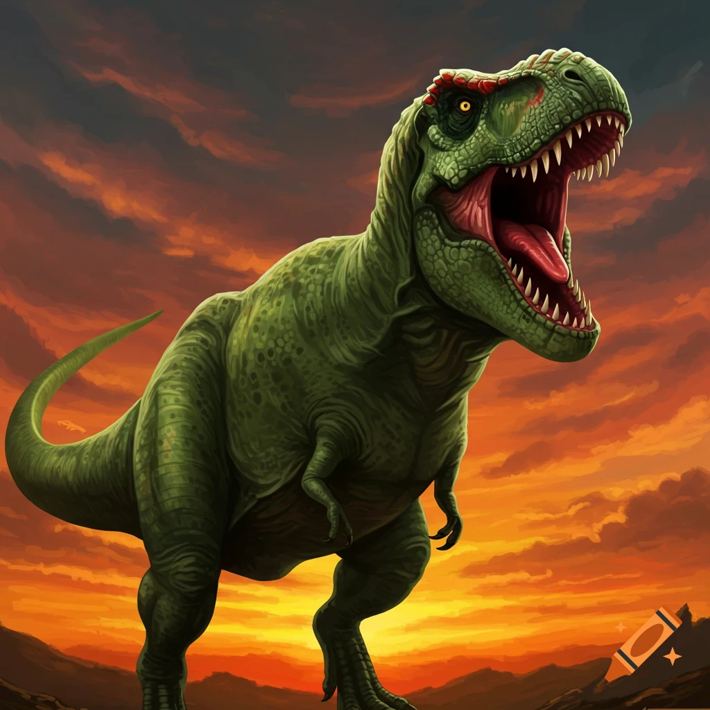 A green Tyrannosaurus Rex roars, mouth wide open, against a dramatic orange and purple sunset sky in an illustration.