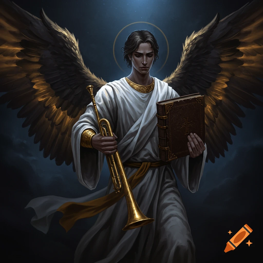 Archangel Gabriel with large wings holds a golden trumpet and a book against a dark sky.