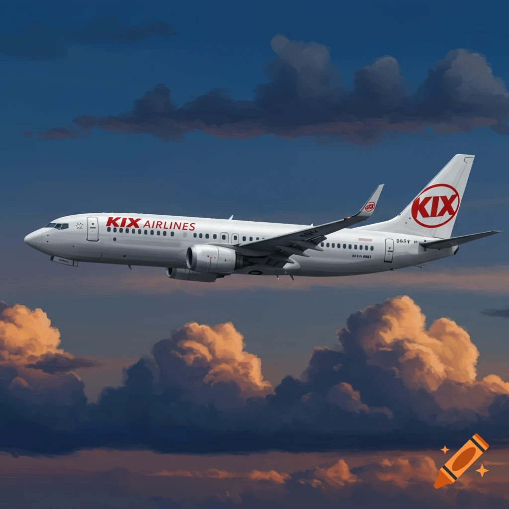 A white airplane with red KIX AIRLINES text flies through cloudy skies.