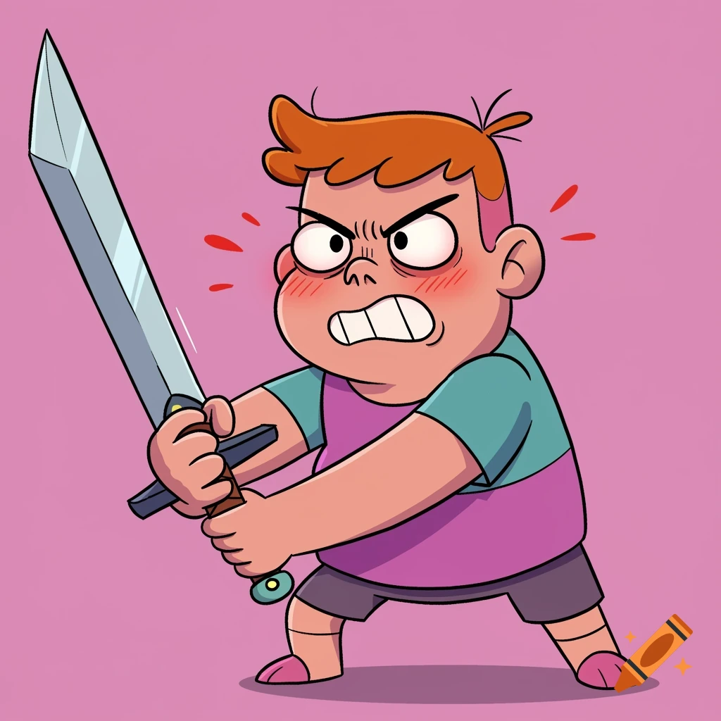 Cartoon boy with orange hair holds a sword and looks angry.