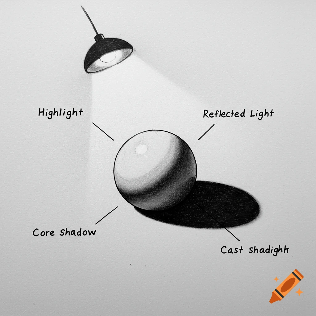 Black and white sketch illustrating light and shadow on a sphere, with labels.