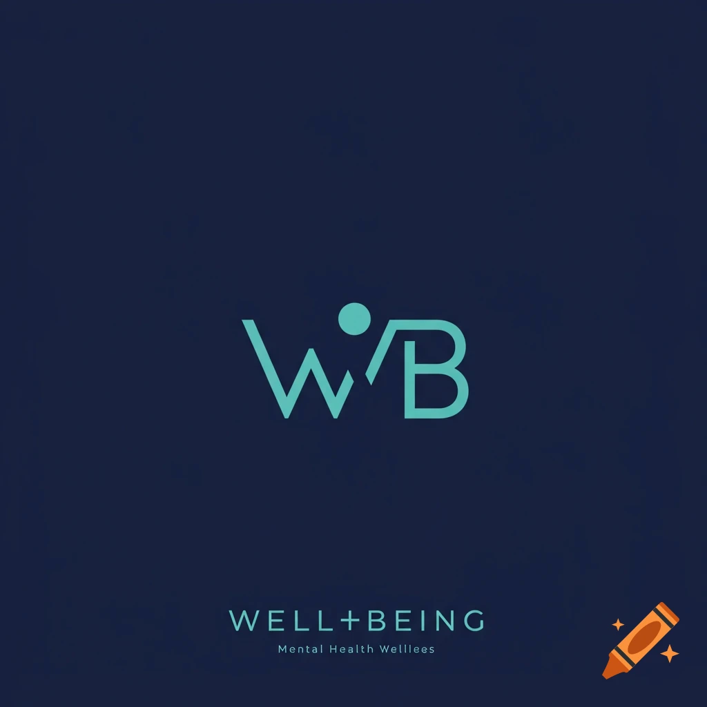 Minimalist logo with teal 'WB', 'WELL+BEING', and 'Mental Health Wellllees' text on a dark blue background.