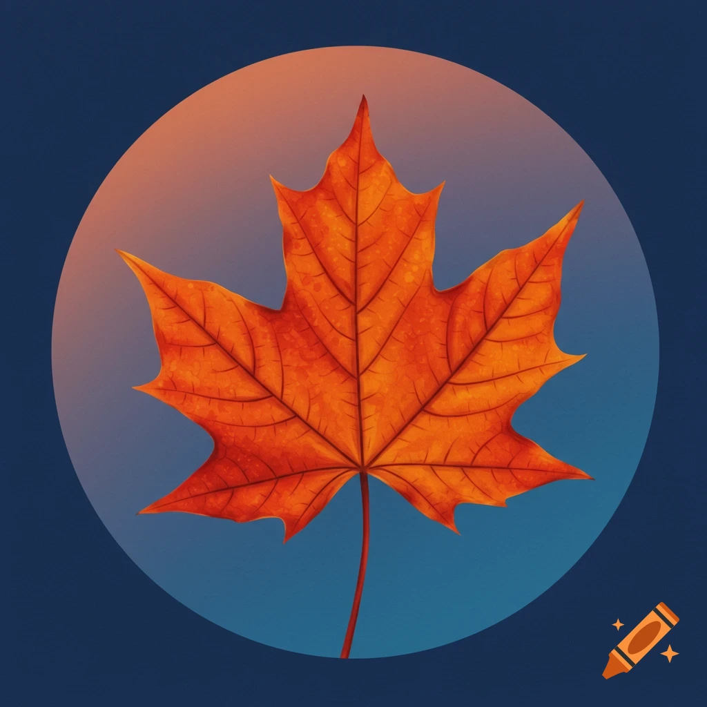 Illustration of an orange maple leaf centered in a gradient circle against a dark blue background.