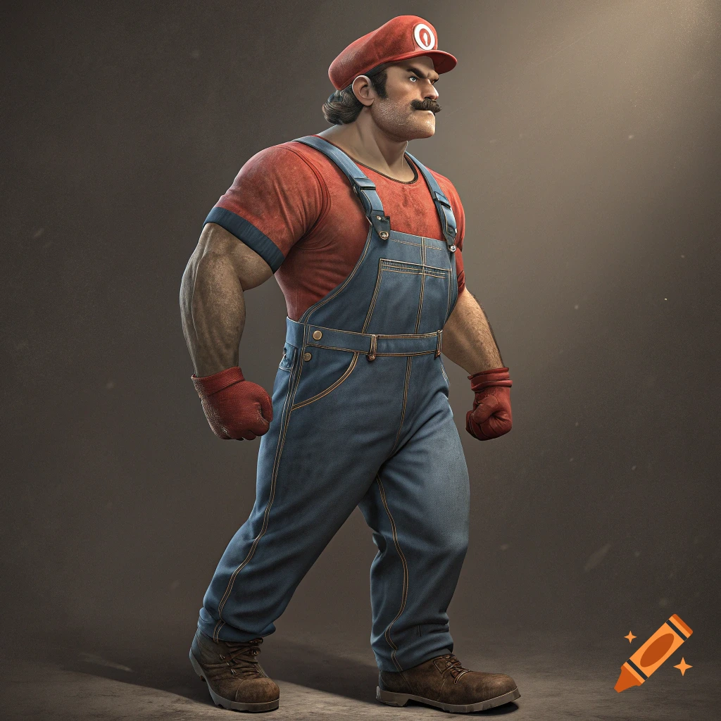 Realistic, buff version of Mario in overalls and hat