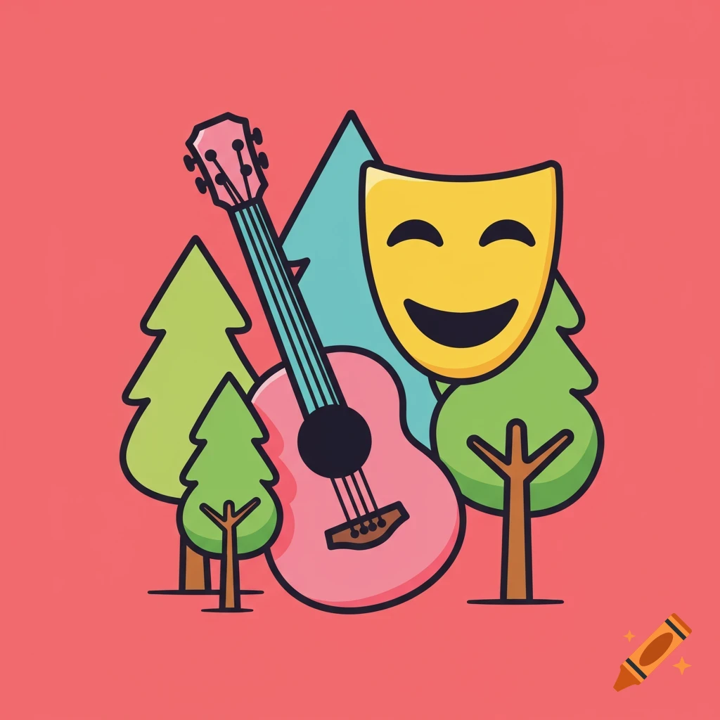 Flat illustration of a pink guitar, green trees, and a yellow comedy mask