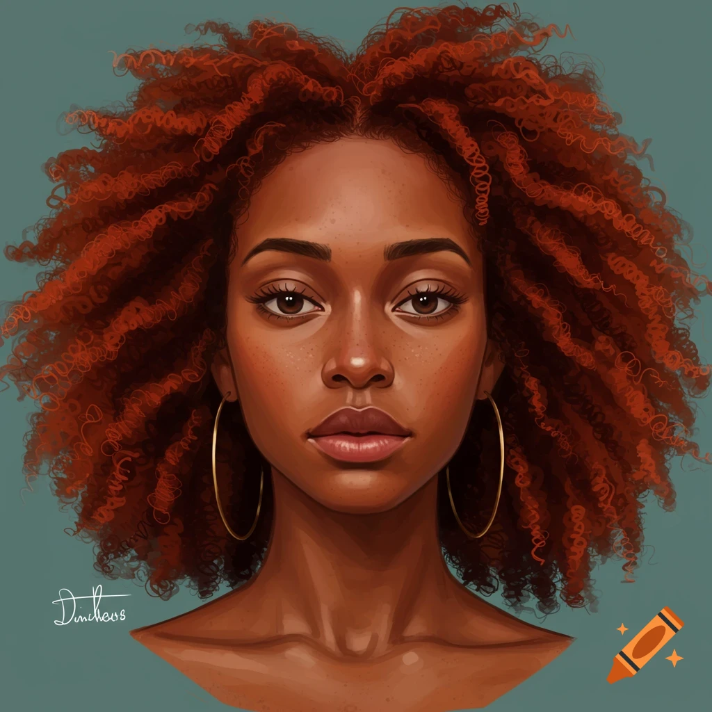 Digital illustration portrait of a woman with dark skin and red curly hair wearing hoop earrings.