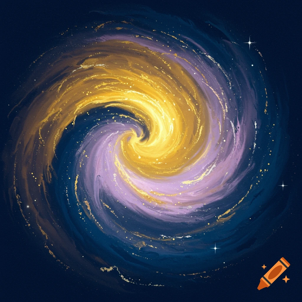 A swirling galaxy or nebula in gold, lavender, and blue with stars.