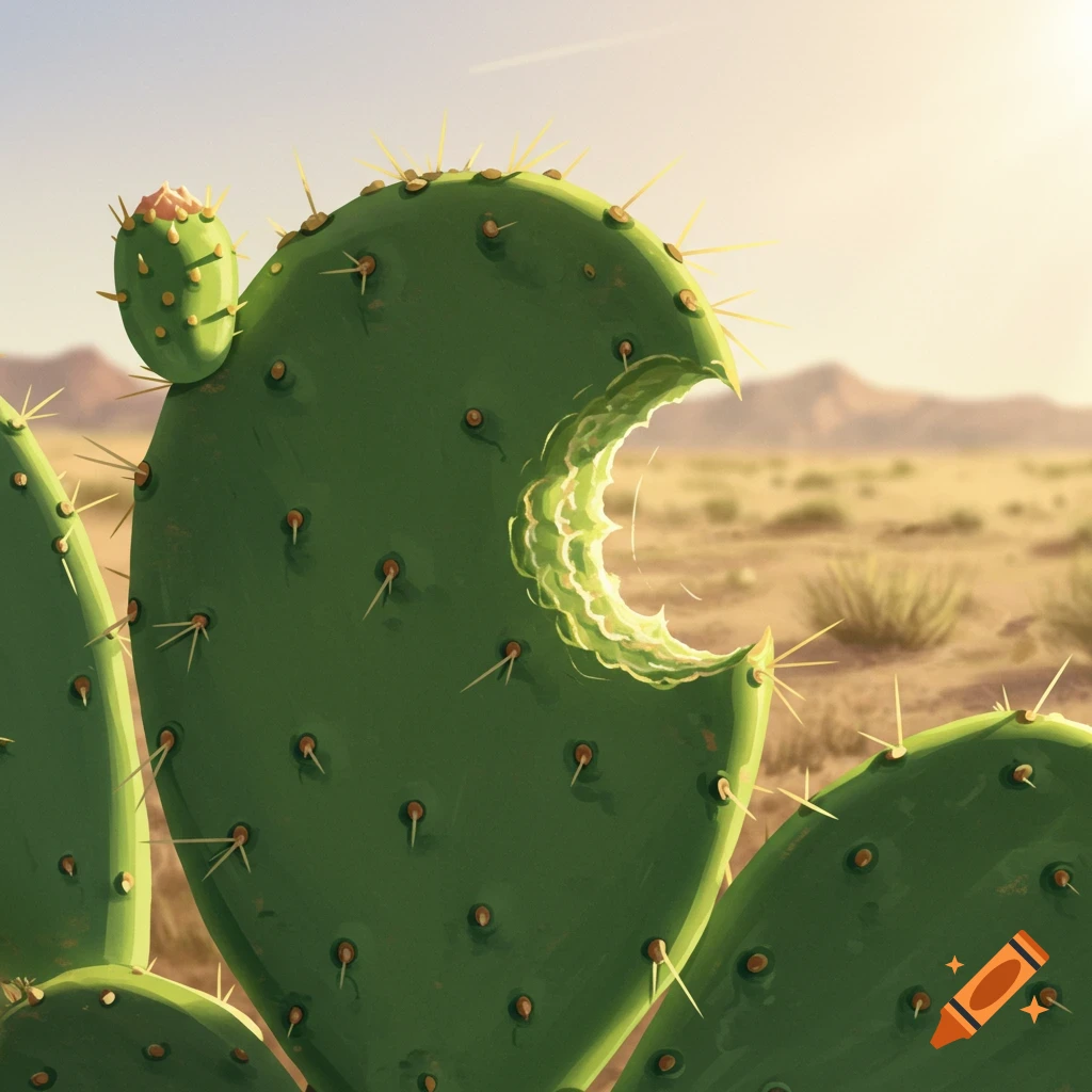 Close-up of a bitten prickly pear cactus pad in a desert landscape.