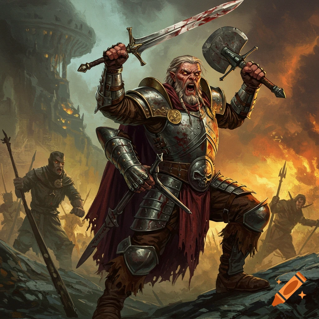 Fierce fantasy warrior with sword and axe battles on a rocky field, epic style.