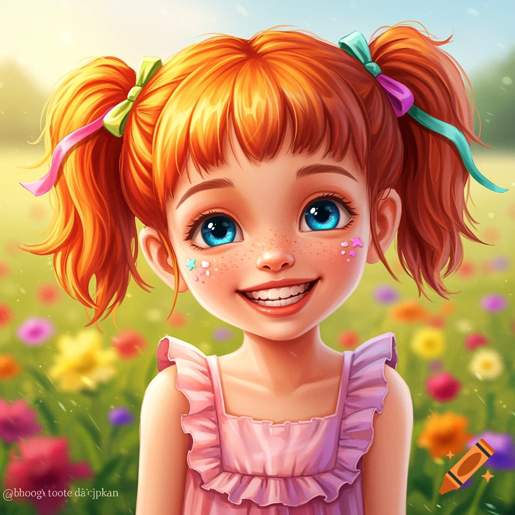 Cartoon illustration of a red-haired girl with pigtails and blue eyes smiling in a flower field.